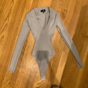 Misguided Ribbed V Neck Long Sleeve Gray Bodysuit